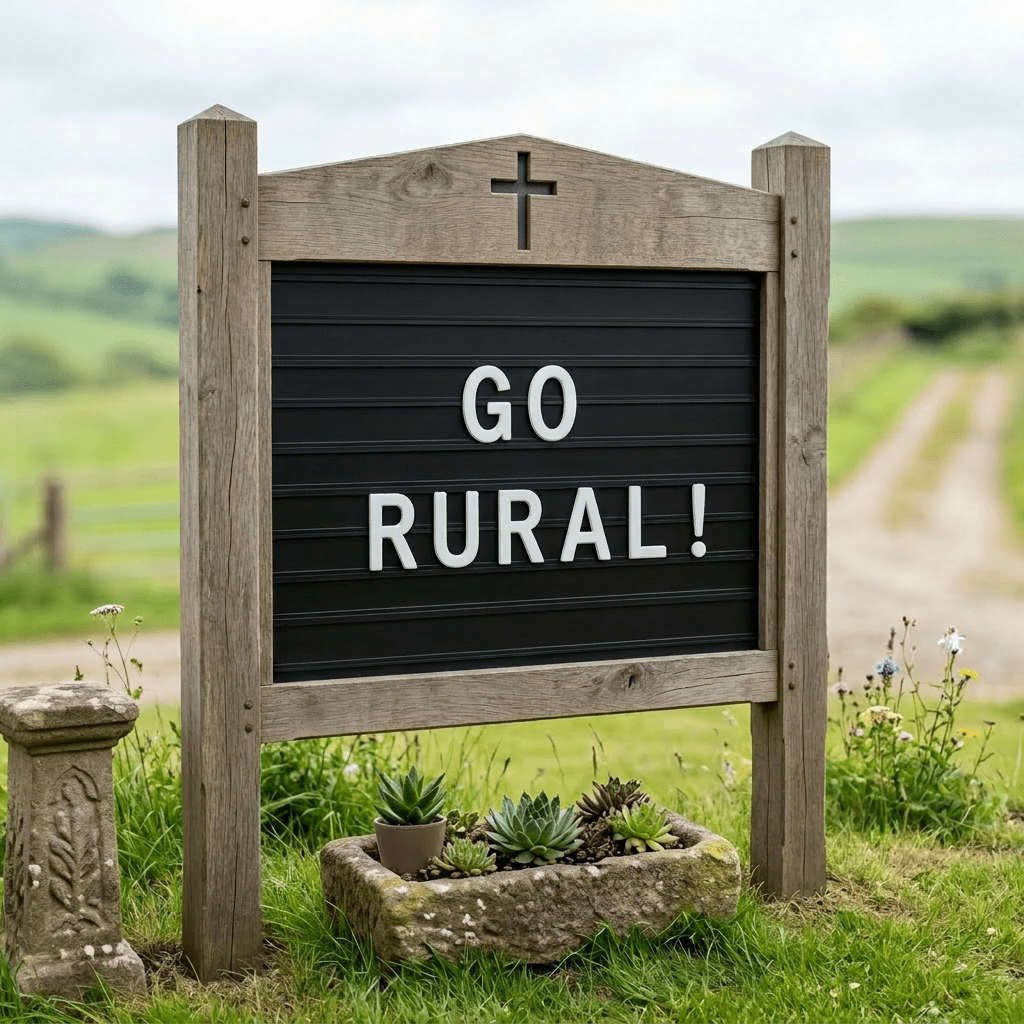 Black felt letter board with white letters spelling 'GO RURAL!' beside a small potted succulent plant on a wooden surface